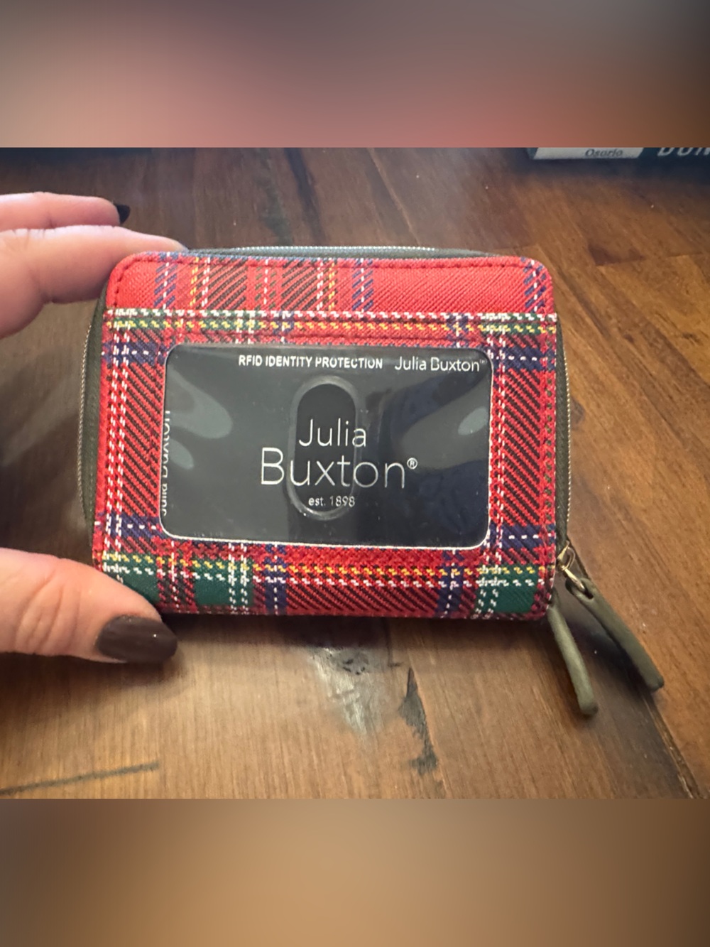 Brand New Julia Buxton Red Plaid RFID Double Zip Card Case Wallet